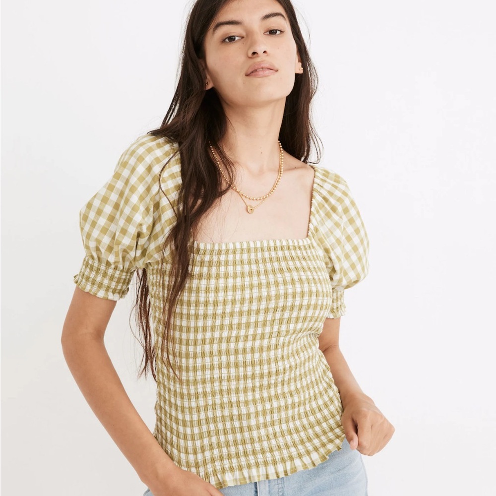 Madewell Green and Cream Puff Sleeve Smocked Blouse